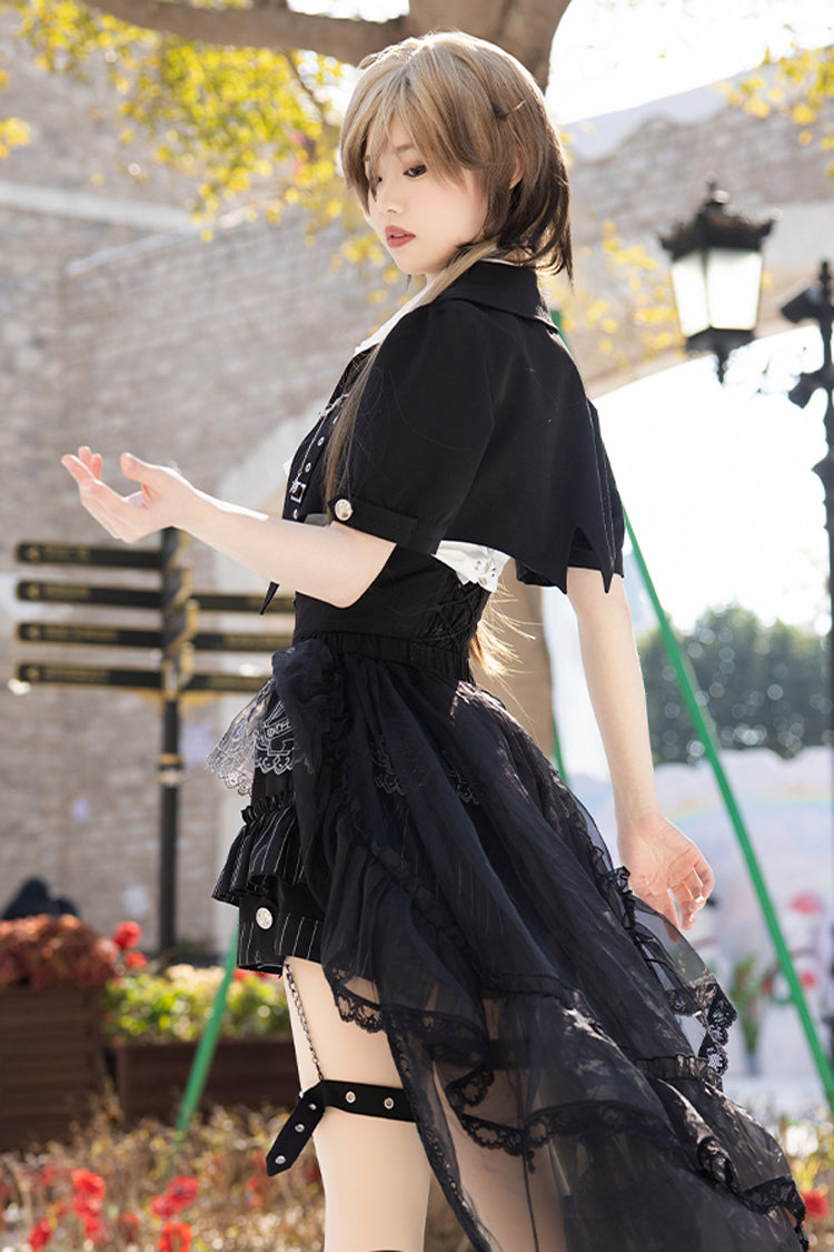 Black Lapel Collar Short Sleeves Lace Prince Ouji Lolita Three-piece Set - Product - 11