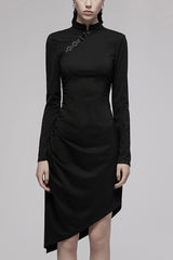 Black Improved Cheongsam Pointed Hem Drawstring Design Cheongsam Collar Long Sleeve Long Women's Punk Dress - Black - 1