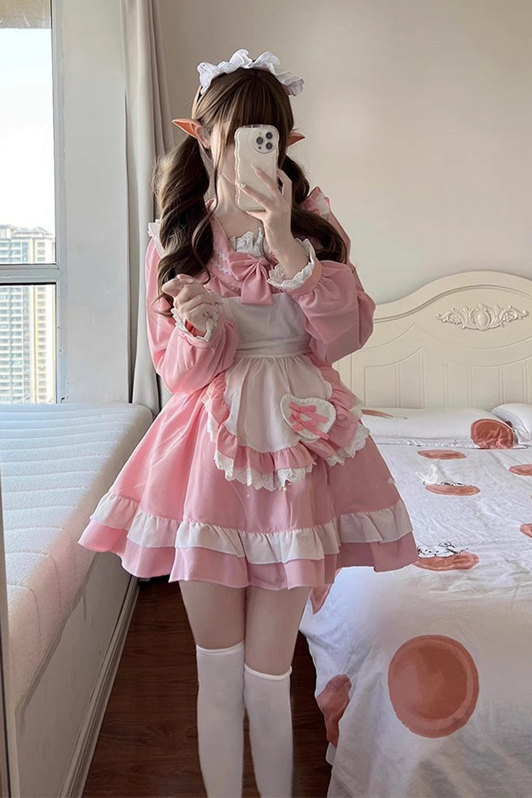 Pink Maid Long Sleeves Ruffle Bowknot Sailor Sweet Plus Size Lolita Dress Full Set - Pink - 1