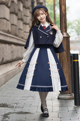 Blue/White Suit Collar Double Breasted High Waist College Style Sweet Lolita Dress Full Set - Product - 2