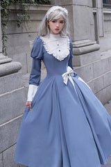 Blue Nun Style Stand Collar Long Sleeves Ruffle Bowknot Classic Elegant Lolita Dress - Product - 2