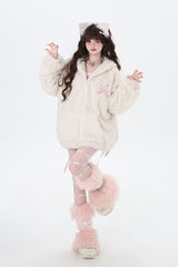 [Lace-Up Bunny Ears] Long Sleeves Hooded Plush-lined Zipper Sweet Lolita Coat 2 Colors - White - 7