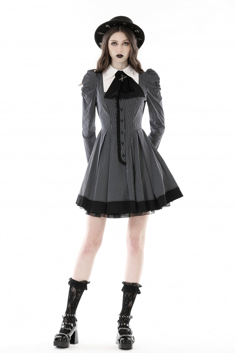 Black/White Lapel Collar Long Puff Sleeves Women's Gothic Striped Preppy Style Dress - Product - 10