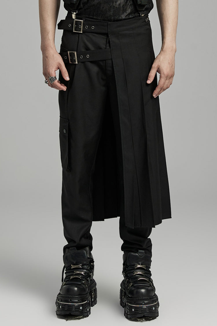 Black Asymmetric Buckle Men's Punk Pleated Skirt - Black - 1