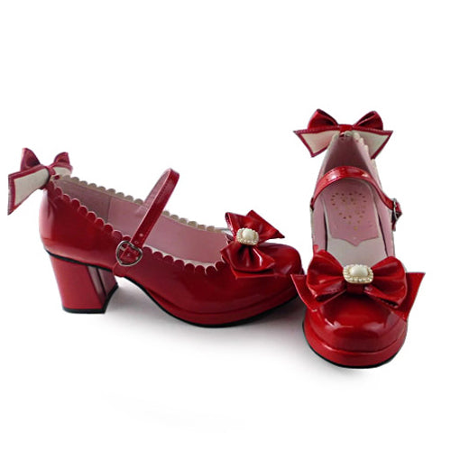 Red Mirror Face Bowknot Lovely Bride High Heel Sweet Lolita Shoes - Red - 1