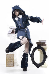 Blue [Indigo Shadow Journey] Stand Collar Long Sleeves Embroidered Hooded Asymmetric Punk Ouji Lolita Dress Four-Piece Set - Product - 8