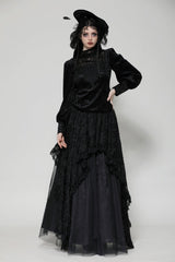 Black Ruffled Turtleneck Bishop Long Sleeves Floral Lace Patchwork Velvet Women's Gothic Blouse - Product - 6