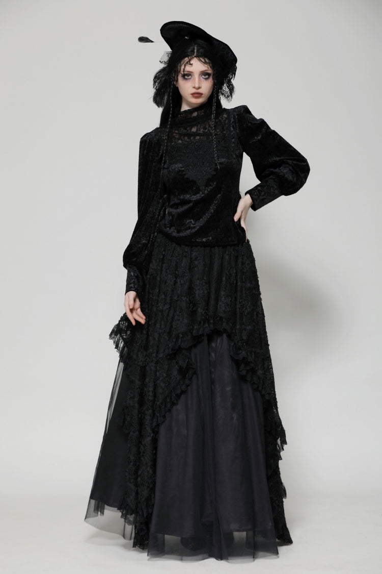 Black Ruffled Turtleneck Bishop Long Sleeves Floral Lace Patchwork Velvet Women's Gothic Blouse - Product - 6