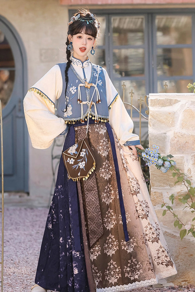 Multi-Color [Wind Of The Snowfield] Stand Collar Long Sleeves Printed Embroidered Women's Daily Sweet Hanfu Dress Set - Product - 4
