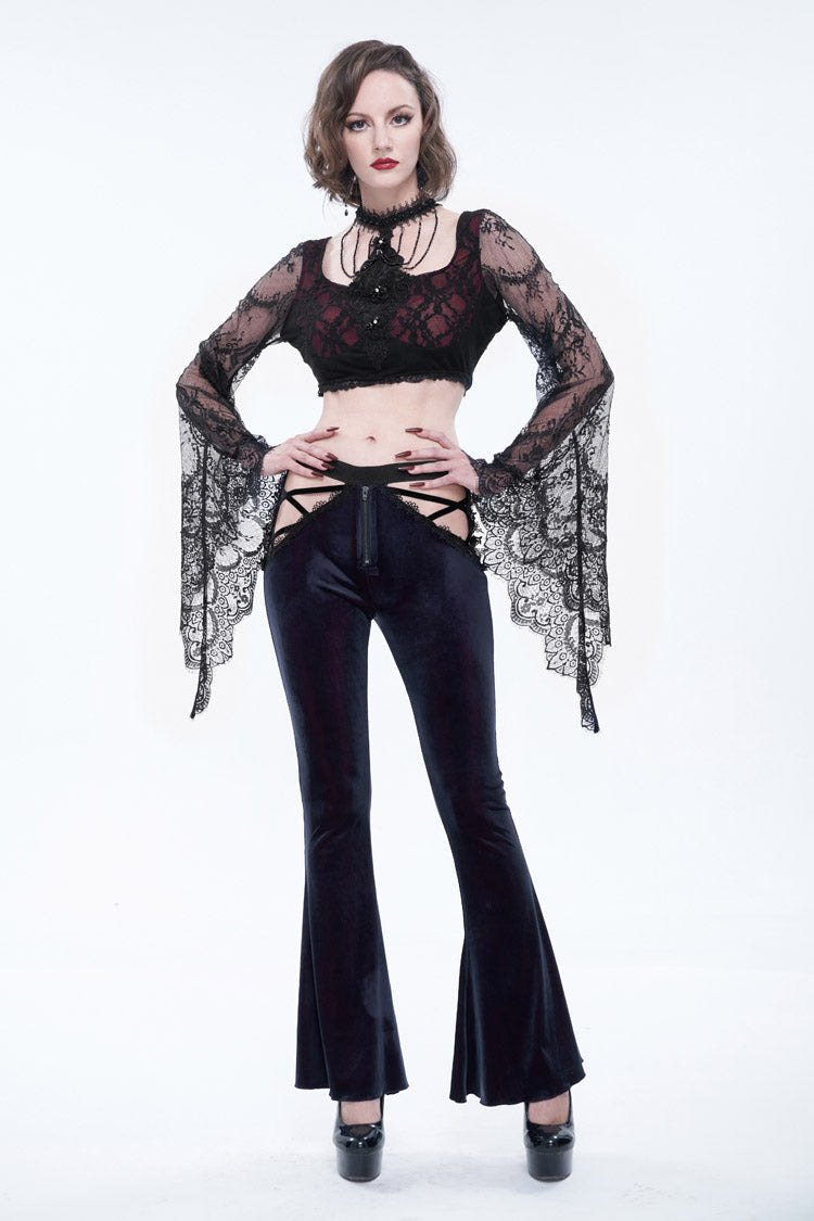 Black/Red Velvet Low-Rise Ribbon Cutout Flare Women's Gothic Pants - Product - 6