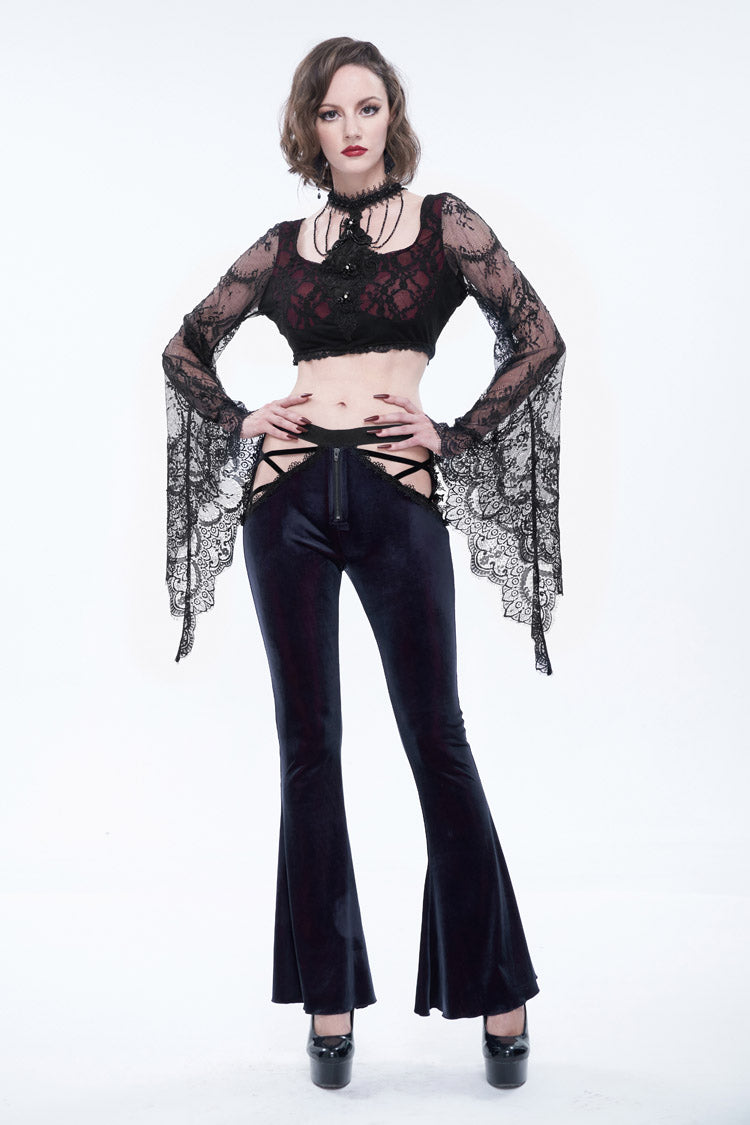 Black/Red Velvet Low-Rise Ribbon Cutout Flare Women's Gothic Pants - Product - 6