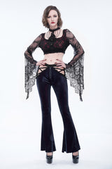Black/Red Velvet Low-Rise Ribbon Cutout Flare Women's Gothic Pants - Product - 6