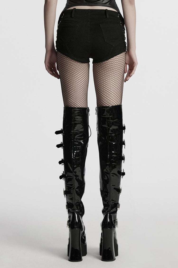 Black Studded Ripped Straps Women's Punk Shorts - Product - 3