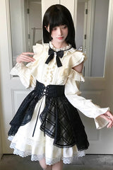Black/Beige [Dark Chocolate Champagne] Stand Collar Off Shoulder Long Sleeves Double-Layered Ruffled Sweet Japanese Lolita Dress - Product - 3