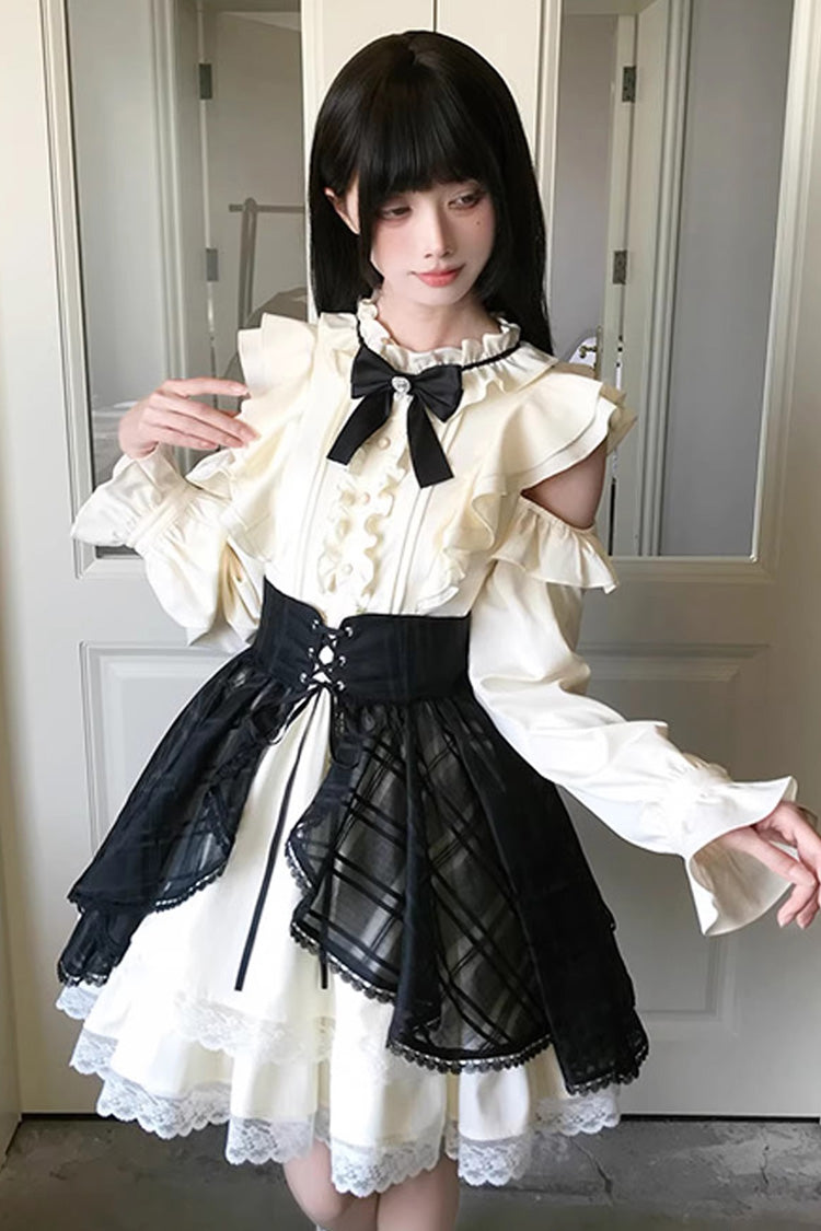 Black/Beige [Dark Chocolate Champagne] Stand Collar Off Shoulder Long Sleeves Double-Layered Ruffled Sweet Japanese Lolita Dress - Product - 3