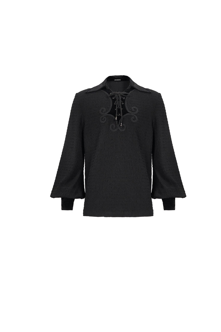 Black Embroidered Chest With Drawstring Strappy Puff Sleeved Men's Gothic Shirt - Product - 5