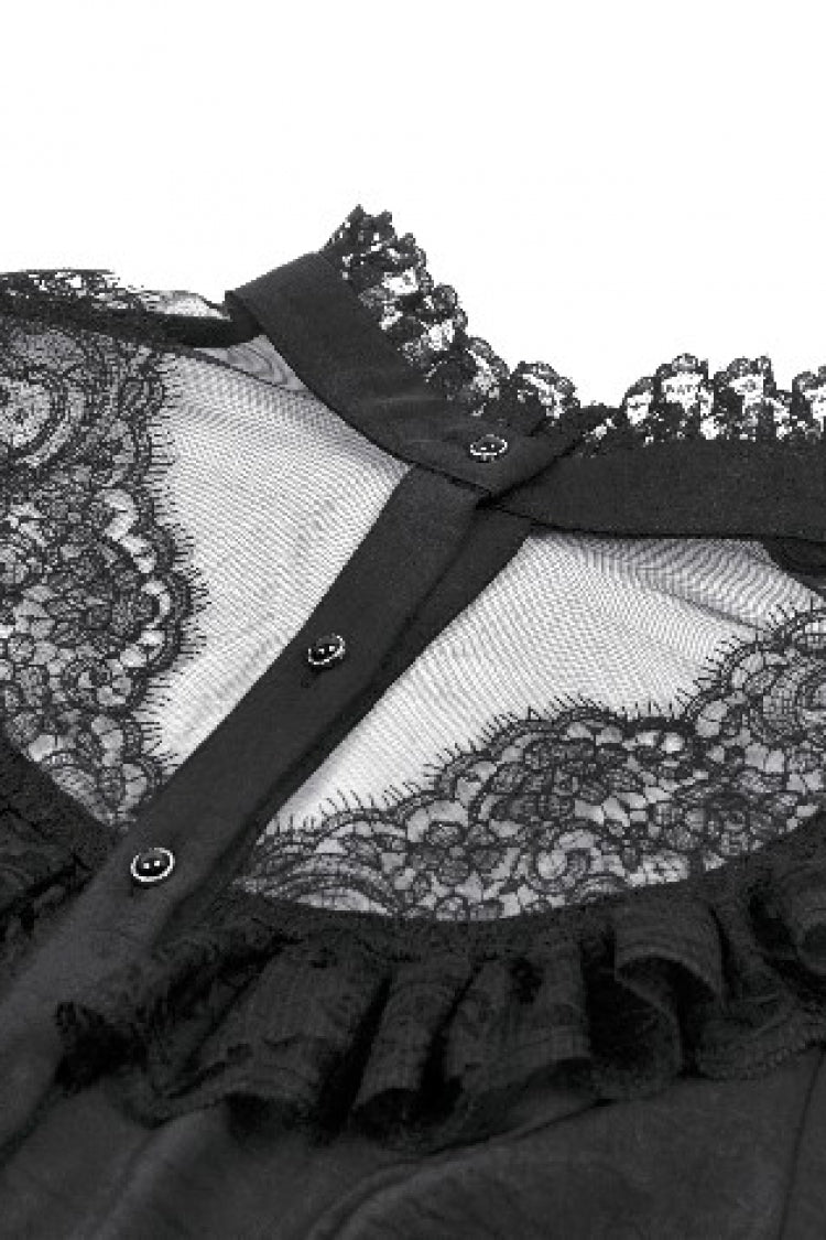 Black Sheer Stand Collar Ruffled Long Lantern Sleeves Women's Gothic Blouse - Product - 12