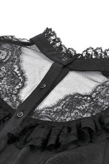 Black Sheer Stand Collar Ruffled Long Lantern Sleeves Women's Gothic Blouse - Product - 12