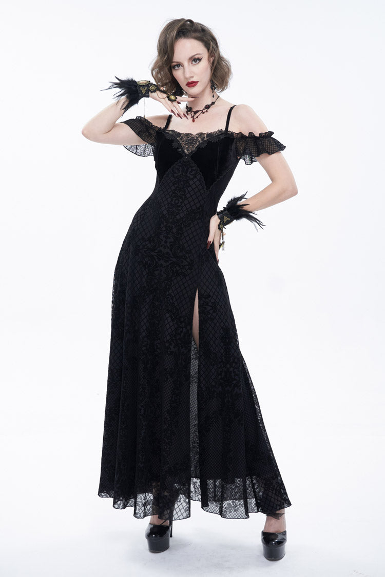 Black Velvet Lace Off Shoulder Ruffled Double Layer Slit Women's Gothic Dresses - Product - 2
