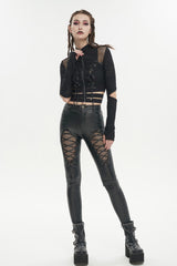 Black Ruched Strap Splice Mesh Long Sleeves Women's Gothic Shirt - Product - 3