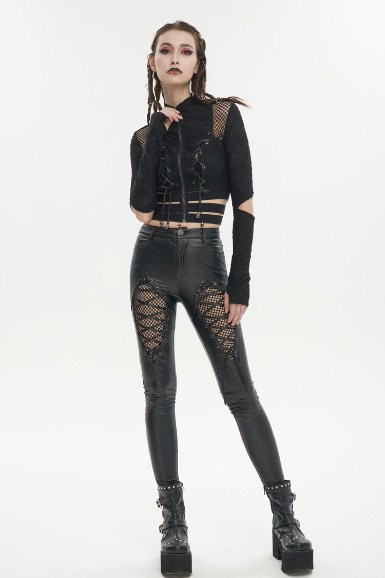 Black Ruched Strap Splice Mesh Long Sleeves Women's Gothic Shirt - Product - 3