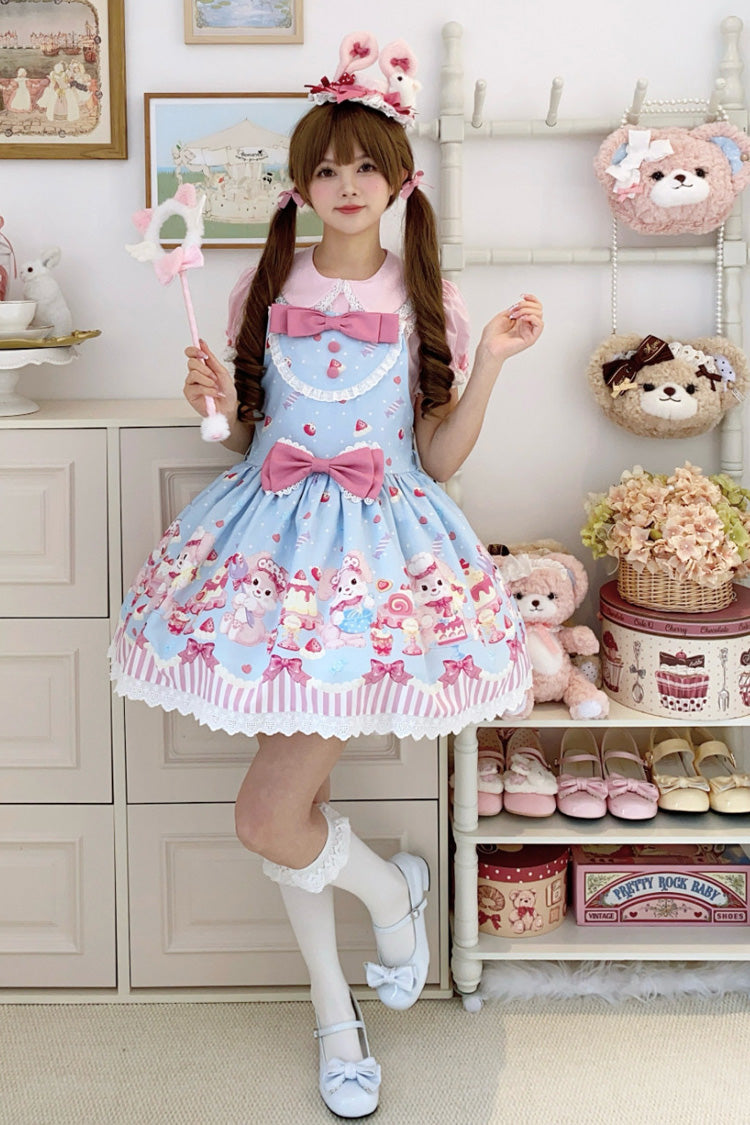Blue/Pink [Cupid Bunny] Printed Sleeveless Bow Sweet Princess Lolita Strap Dress - Blue/Pink - 1