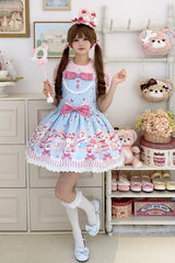 Blue/Pink [Cupid Bunny] Printed Sleeveless Bow Sweet Princess Lolita Strap Dress - Blue/Pink - 1