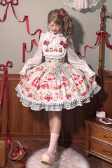 Mint Strawberry Dessert Print Natural Waisted Ruffle Bowknot Sweet Lolita JSK Dress 4 Colors - Green - 3