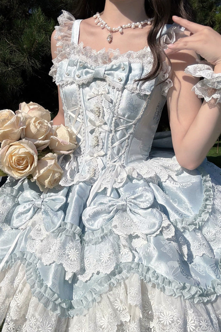 Blue [Realm of Sea Moon] Square Collar Sleeveless Multi-Layered Jacquard Ruffled Bow Lace Lace-Up Sweet Lolita Jsk Dress - Product - 3