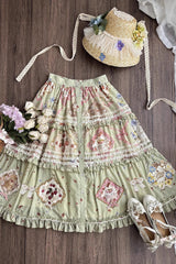 Green [Cat Rose Tea] Print Ruffle Sweet Gorgeous Lolita Skirt - Product - 5