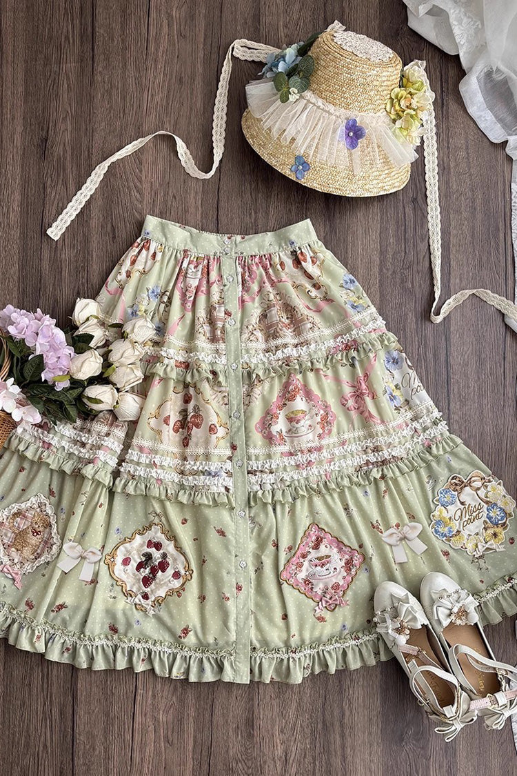 Green [Cat Rose Tea] Print Ruffle Sweet Gorgeous Lolita Skirt - Product - 5