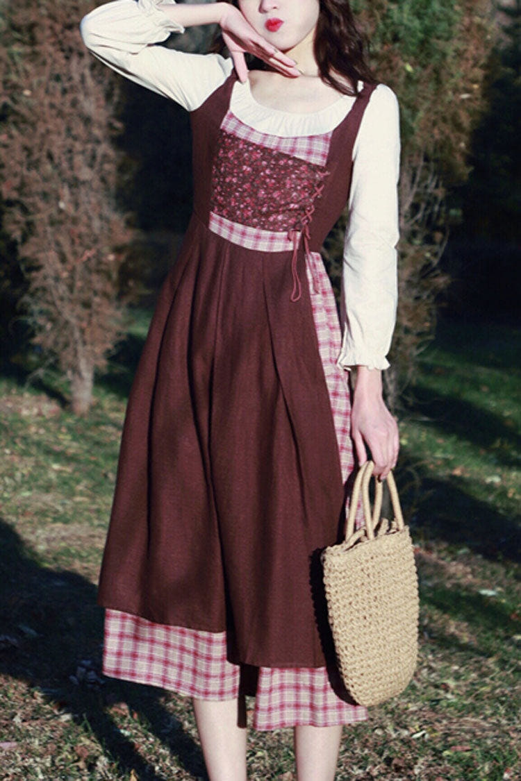 Brown French Retro Pastoral Style Long Sleeves Stitching Plaid Crinkle Sweet Lolita OP Dress (Headkerchief is included) - Brown - 1