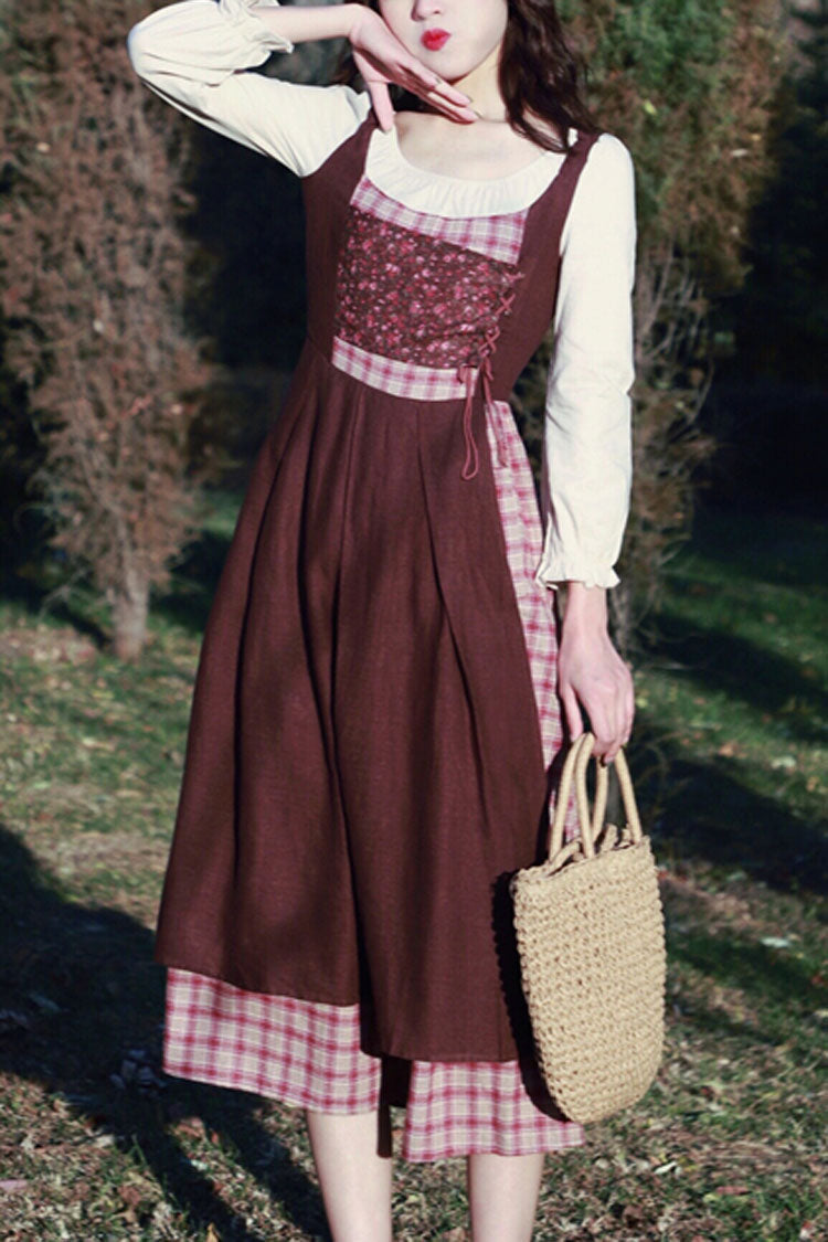 Brown French Retro Pastoral Style Long Sleeves Stitching Plaid Crinkle Sweet Lolita OP Dress (Headkerchief is included) - Brown - 1