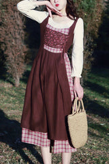 Brown French Retro Pastoral Style Long Sleeves Stitching Plaid Crinkle Sweet Lolita OP Dress (Headkerchief is included) - Brown - 1