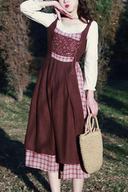 Brauner französischer Retro-Pastoralstil mit langen Ärmeln, Nähten, kariert, knisternd, süß (Kopftuch ist im Lieferumfang enthalten) (Kleid einzeln), Vorderansicht