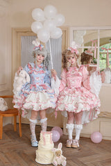 [Bunny Hime] Doll Collar Short Sleeves Multi-Layered Ruffled Bow Sweet Lolita Dress 2 Colors (Blue, Pink) - Product - 2