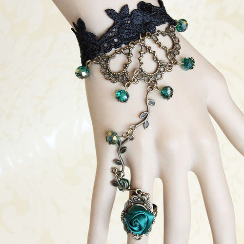 Black Lace Green Bead Gothic Lolita Bracelet Ring Jewelry - Product - 3