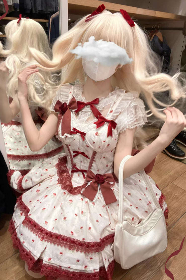 Wine Red [First Love Rose] Multi-Layered Print Ruffle Bowknot Lace Sweet Lolita Jsk Dress Set - Product - 9