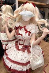 Wine Red [First Love Rose] Multi-Layered Print Ruffle Bowknot Lace Sweet Lolita Jsk Dress Set - Product - 9