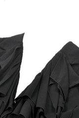 Black Multi-Layered Deep V Collar Pleated Short Puff Sleeves Lace-Up Gothic Blouse - Product - 13