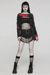 Red/Black Tie Dye Long Sleeves Hollow Womens Steampunk T-Shirt - Product - 4