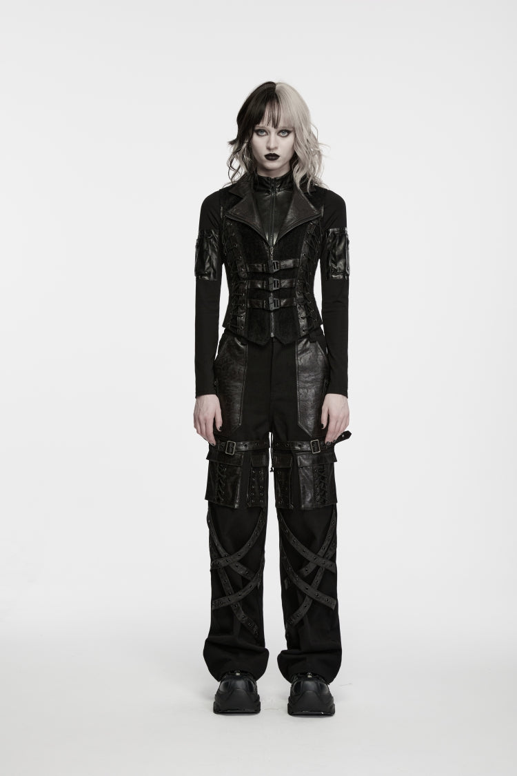 Black Lapel Collar Sleeveless Lace-Up Slim Fit Buckled Zippered Women's Punk Cool Vest - Product - 8