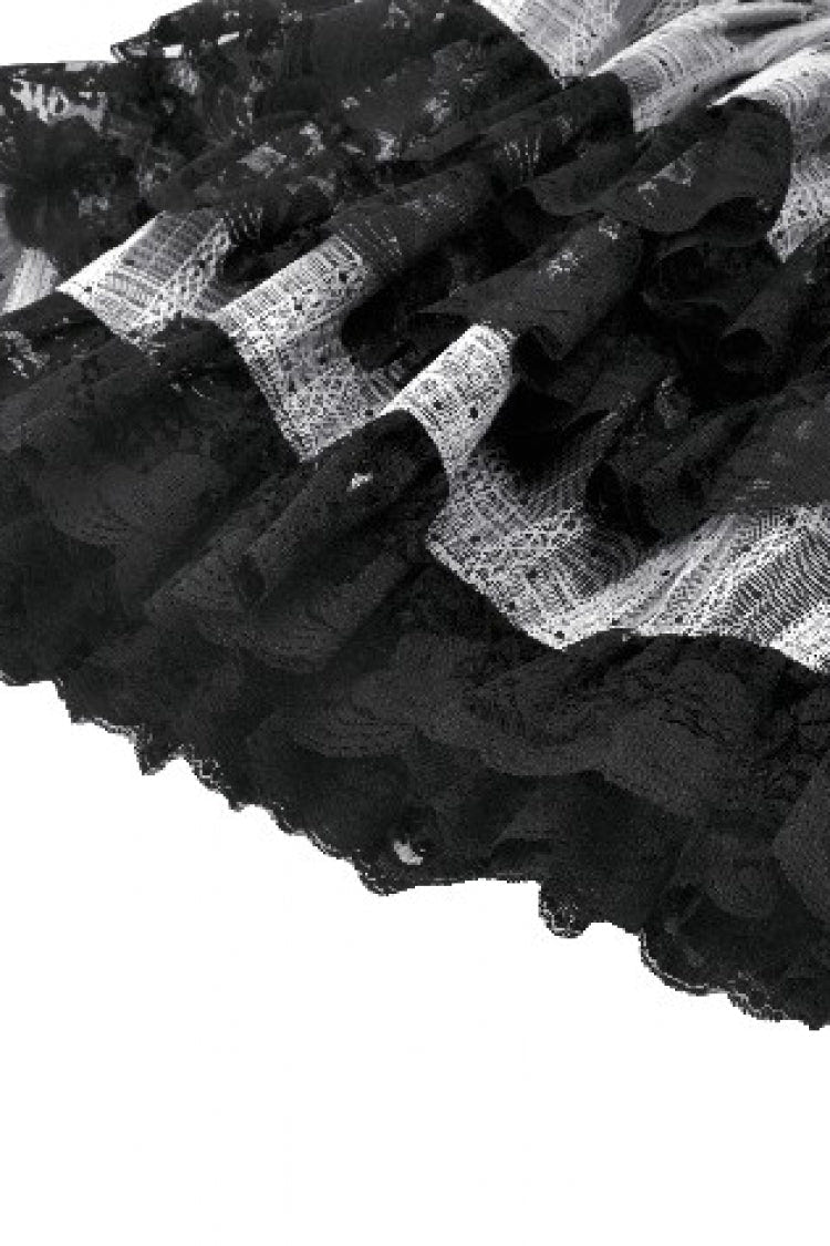 Black/Grey High Waisted Lace-Up Lace Ruffled Layered Hem Women's Lolita Gothic Skirt - Product - 15