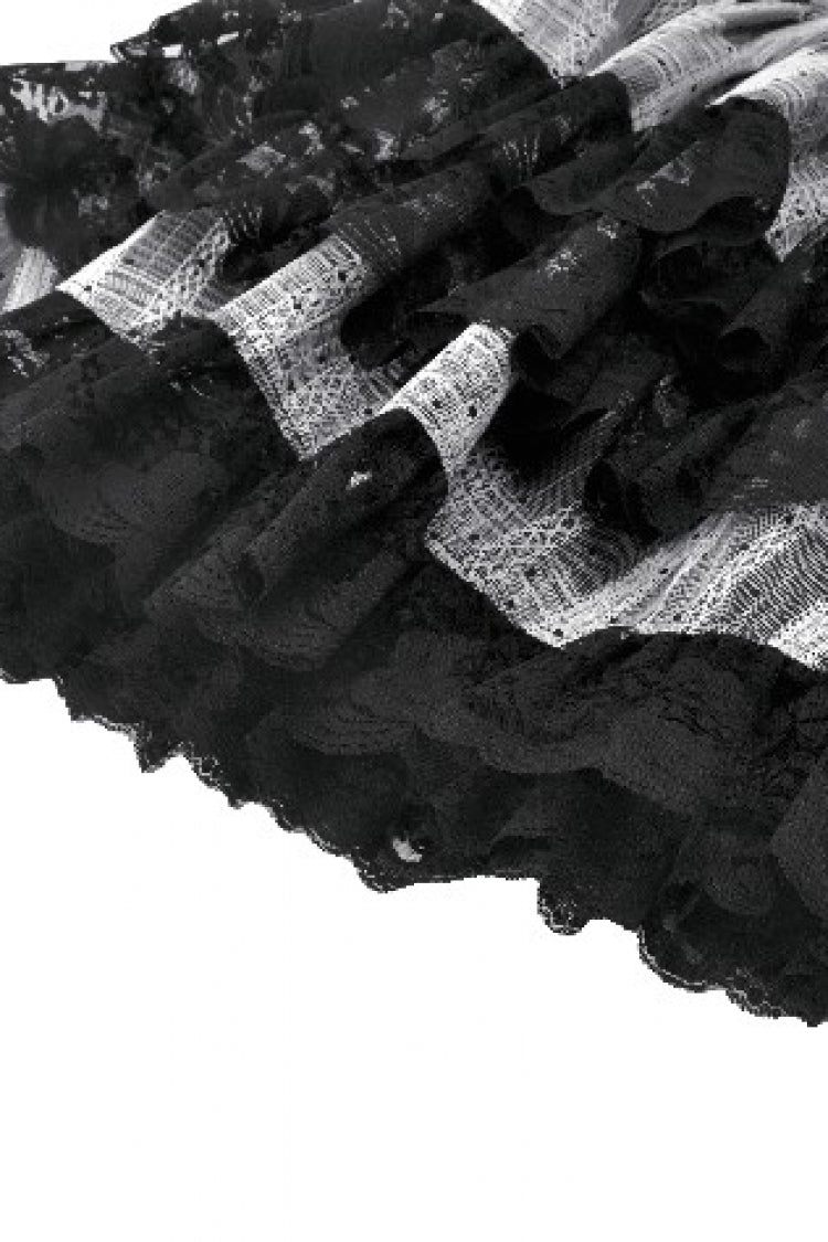 Black/Grey High Waisted Lace-Up Lace Ruffled Layered Hem Women's Lolita Gothic Skirt - Product - 15