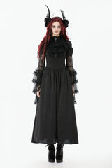 Black Stand Collar Trumpet Sleeves Multi-Layered Ruffled Lace Lace-Up Women's Gothic Wedding Dress - Product - 6
