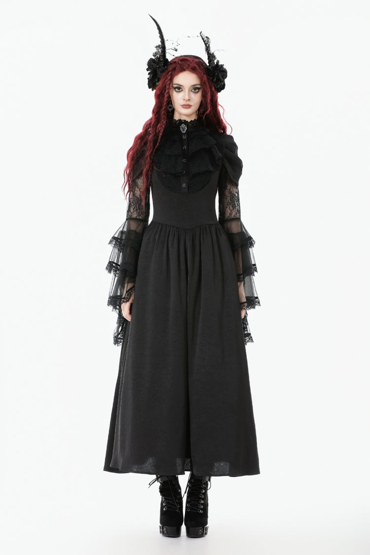 Black Stand Collar Trumpet Sleeves Multi-Layered Ruffled Lace Lace-Up Women's Gothic Wedding Dress - Product - 6