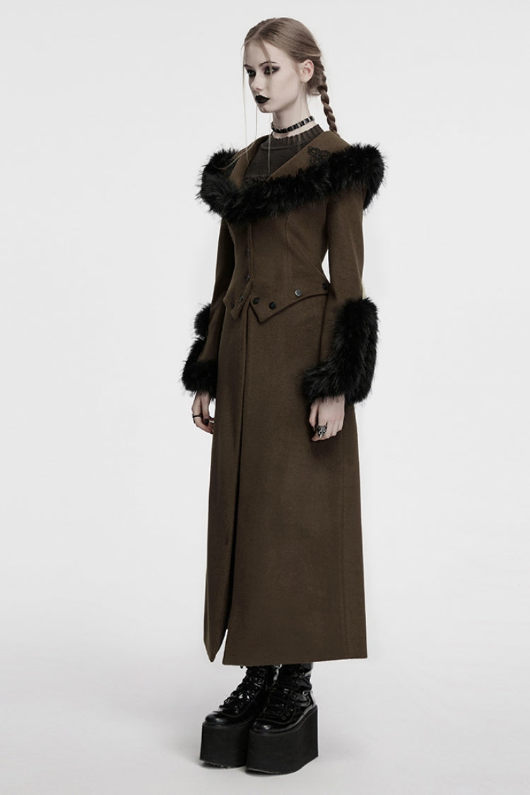 Coffee Long Sleeves Faux Fur Stitching Lace-Up Detachable Women's Gothic Coat - Product - 2