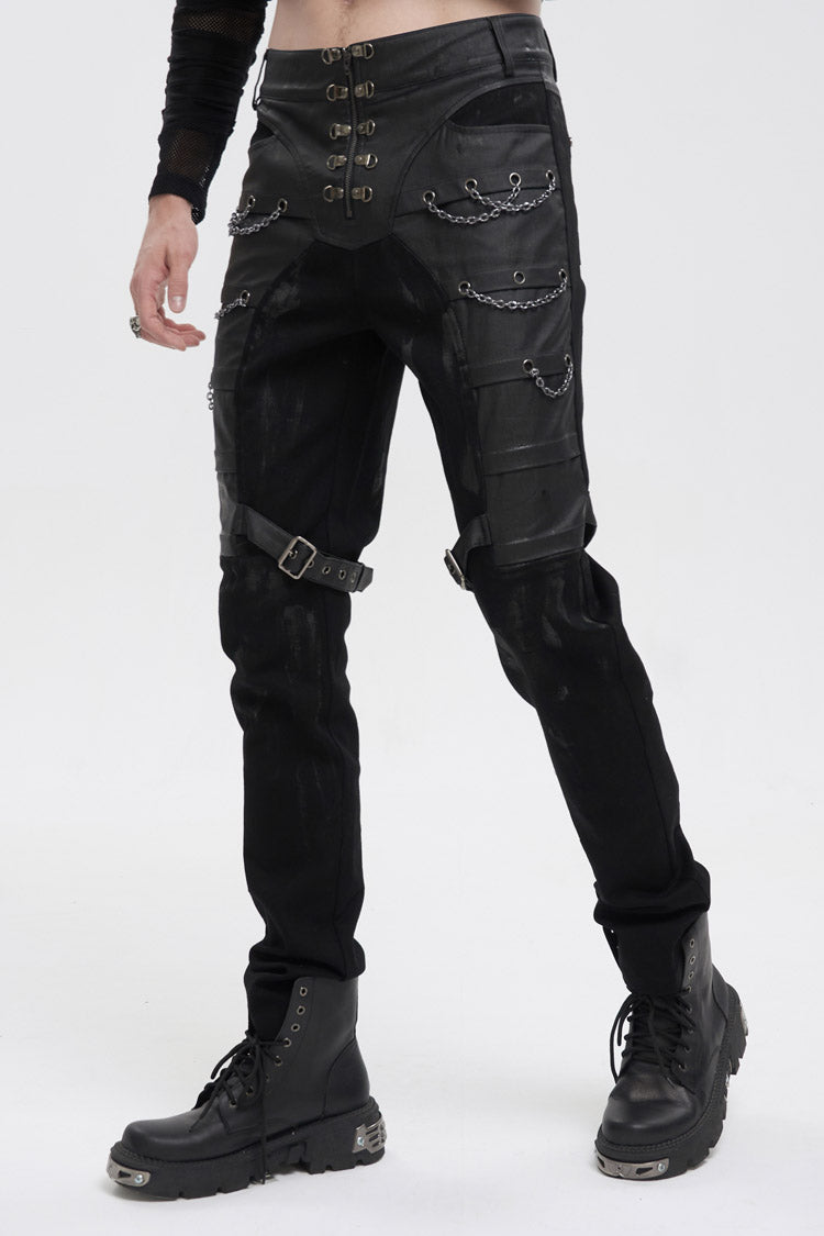 Black Slim Fit Zip Stud Side Chain Eyelet Rock Men's Gothic Trousers - Product - 2