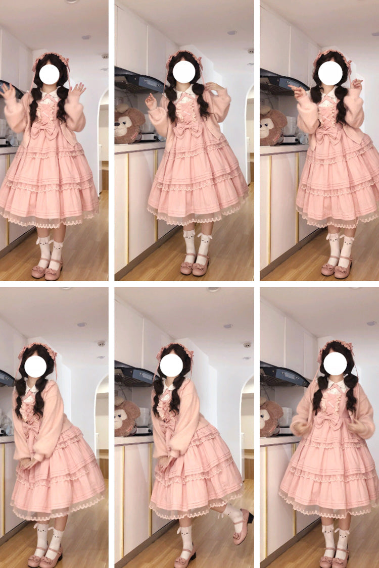 Pink First Love Triple-Layered Ruffle Bowknot Lace Sweet Lolita Jsk Dress - Product - 3