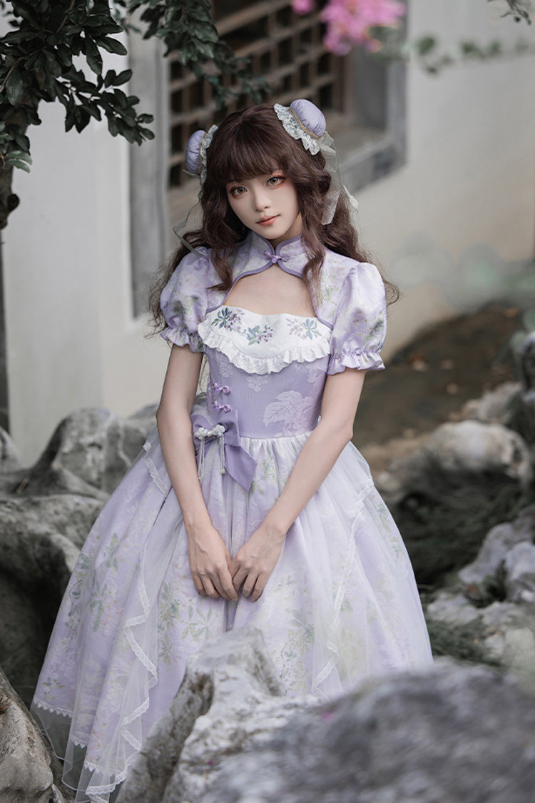 Purple Lilac Short Sleeves Hollow Embroidery Sweet Chinese Cheongsam Style Lolita Dress - Product - 7